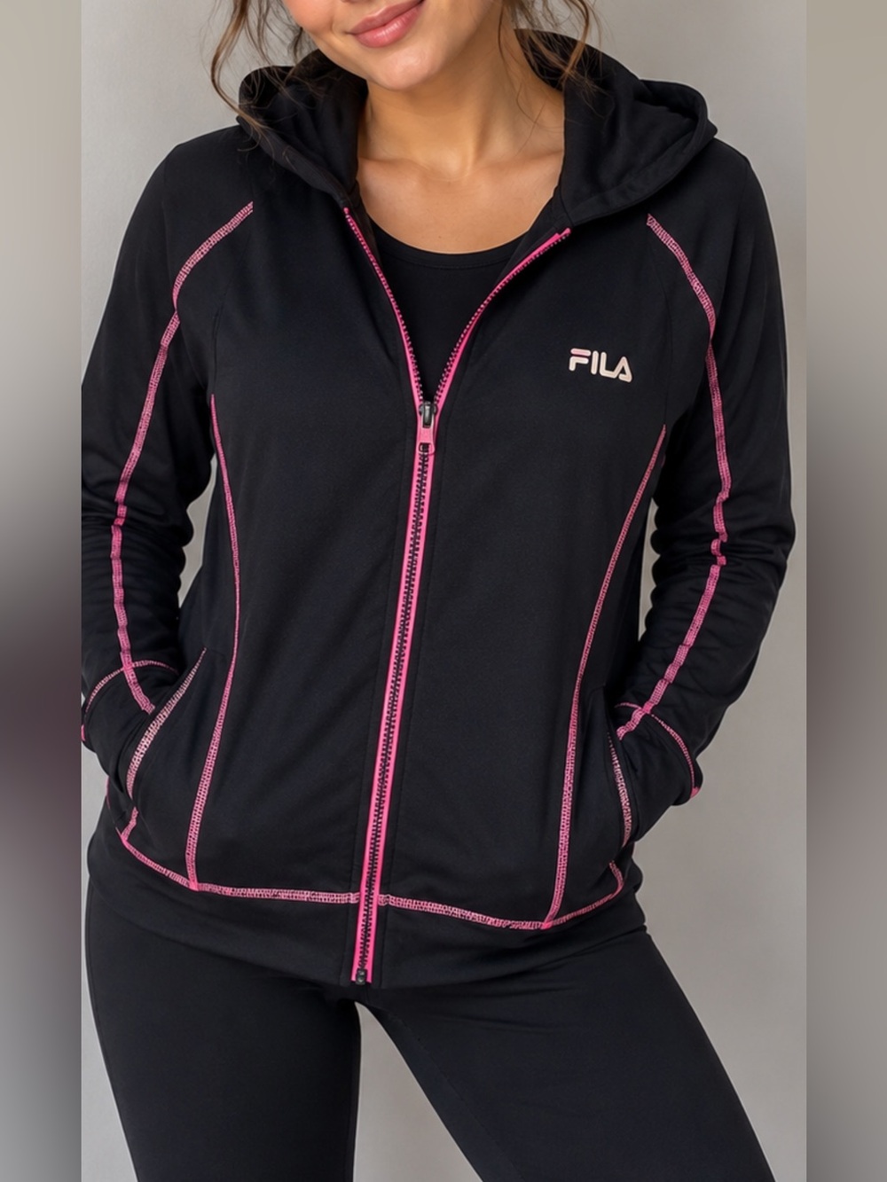 FILA Sport Black Pink Zip Hoodie Jacket L